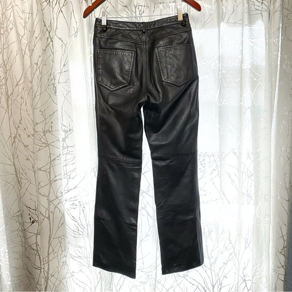 Real genuine leather black high waisted straight leg long pants with pockets - Picture 5 of 14